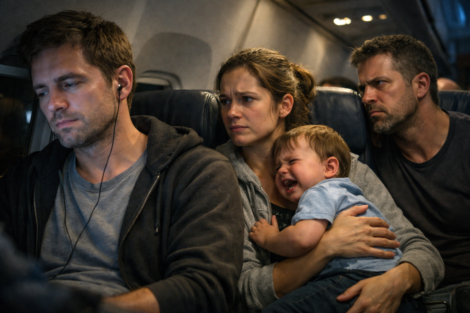 Distressed family in an airplane cabin