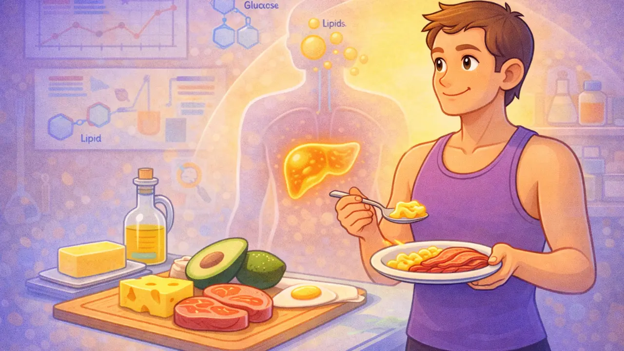 Cartoon digital illustration of a person preparing keto foods with a soft, glowing liver silhouette in the background, symbolizing potential long-term metabolic risks.