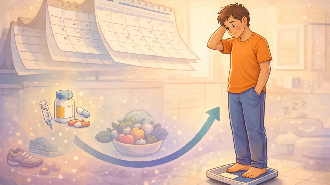 Cartoon illustration of a person on a scale showing weight loss followed by gradual regain over time, highlighting GLP-1 drug rebound.