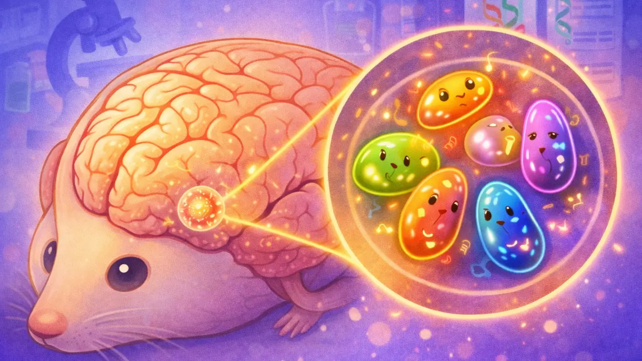 Cartoon-style digital illustration of a mouse brain with an enlarged view of a Toxoplasma cyst displaying several distinct bradyzoite subtypes, inspired by findings from single-cell RNA sequencing.
