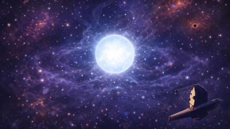 Cartoon-style illustration of a dark star powered by dark matter inside a microhalo in the early universe, with faint galaxies and a space telescope in the background.