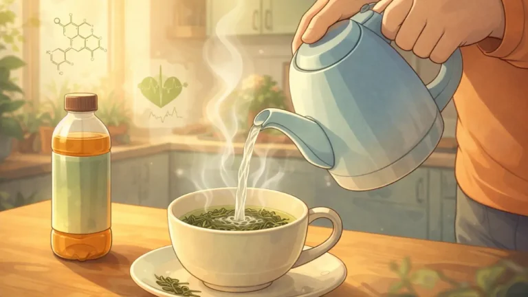Cartoon-style illustration of a person preparing a fresh cup of green tea in a cozy kitchen, with steam rising from the mug and a processed tea bottle nearby for contrast.