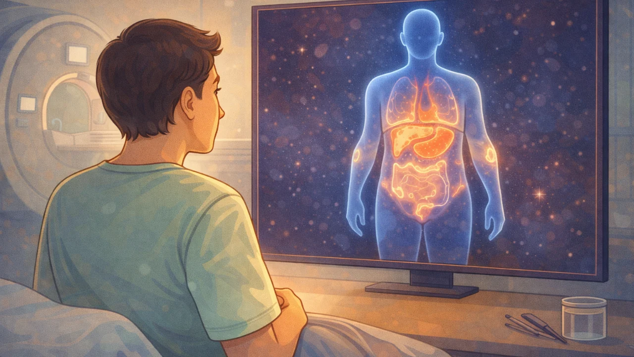 Cartoon-style illustration of a person viewing an MRI body map highlighting hidden fat around the pancreas and internal “skinny fat” pockets in a warm, approachable medical setting.
