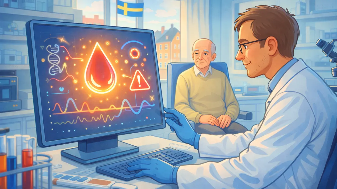 Cartoon-style illustration of a scientist examining a blood sample on a monitor that displays simplified gene-activity signals related to early Parkinson’s detection, with a patient seated nearby in a bright lab setting.