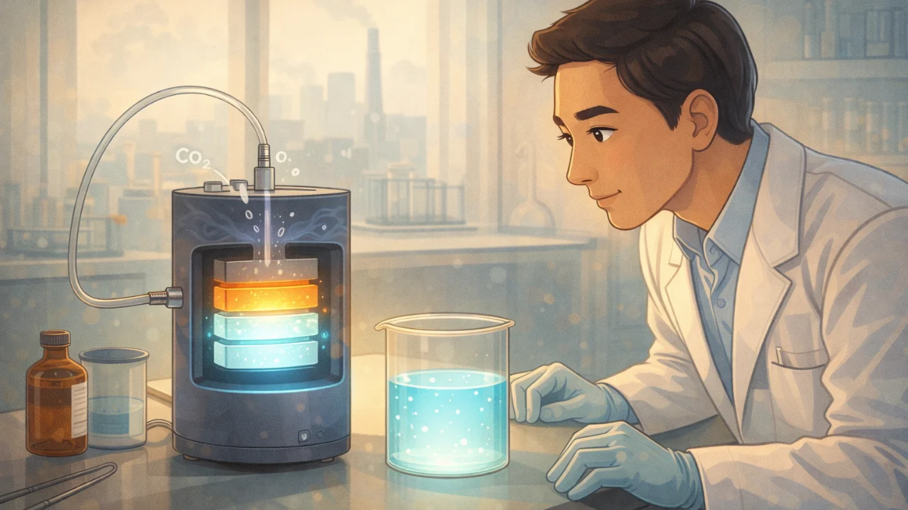 Cartoon-style illustration of a scientist operating a compact CO2-conversion device that turns exhaust gas into formic acid using a glowing three-layer electrode in a modern lab.