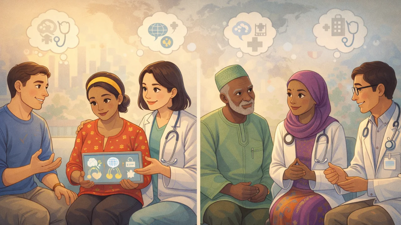 Cartoon-style illustration of diverse patients from the U.S., Colombia, Nigeria, and India speaking with clinicians, with a world map and simple brain fog icons in the background to show how culture and care influence symptom reporting.