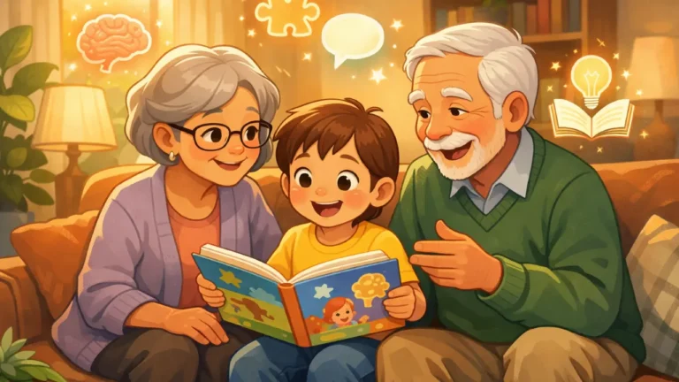 Cartoon-style illustration of grandparents engaging with a young child while reading together in a warm living room, symbolizing how meaningful family involvement supports cognitive health in older adults.