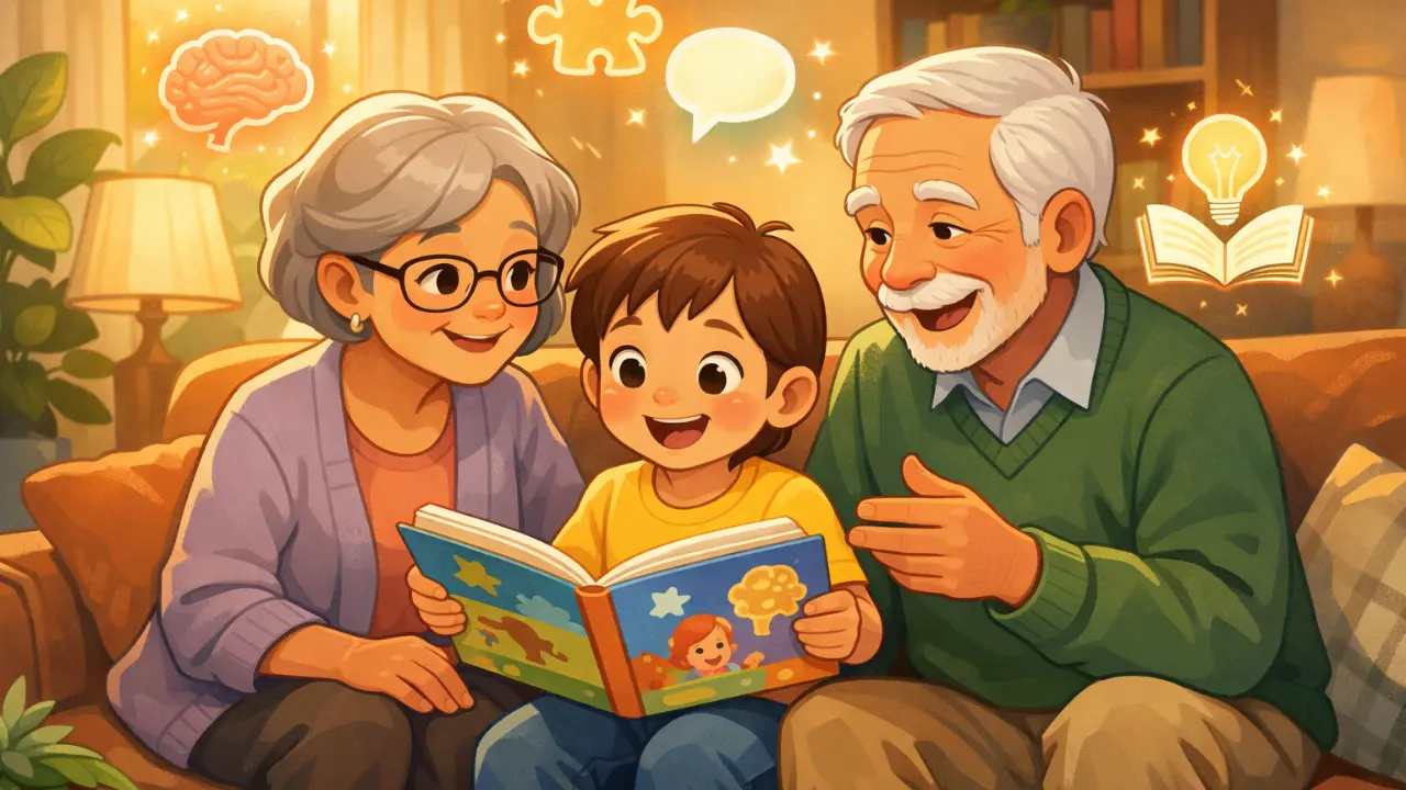 Cartoon-style illustration of grandparents engaging with a young child while reading together in a warm living room, symbolizing how meaningful family involvement supports cognitive health in older adults.