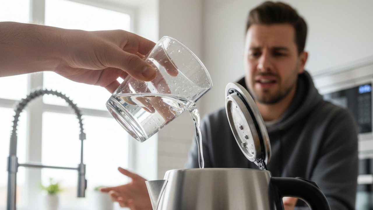 Pouring water from a used glass into a kettle while a friend looks on in disgust.