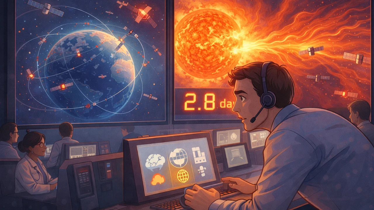 Cartoon-style illustration of a mission control room showing engineers monitoring a 2.8-day CRASH Clock countdown, with Earth, satellites, and an incoming solar storm displayed on large screens.