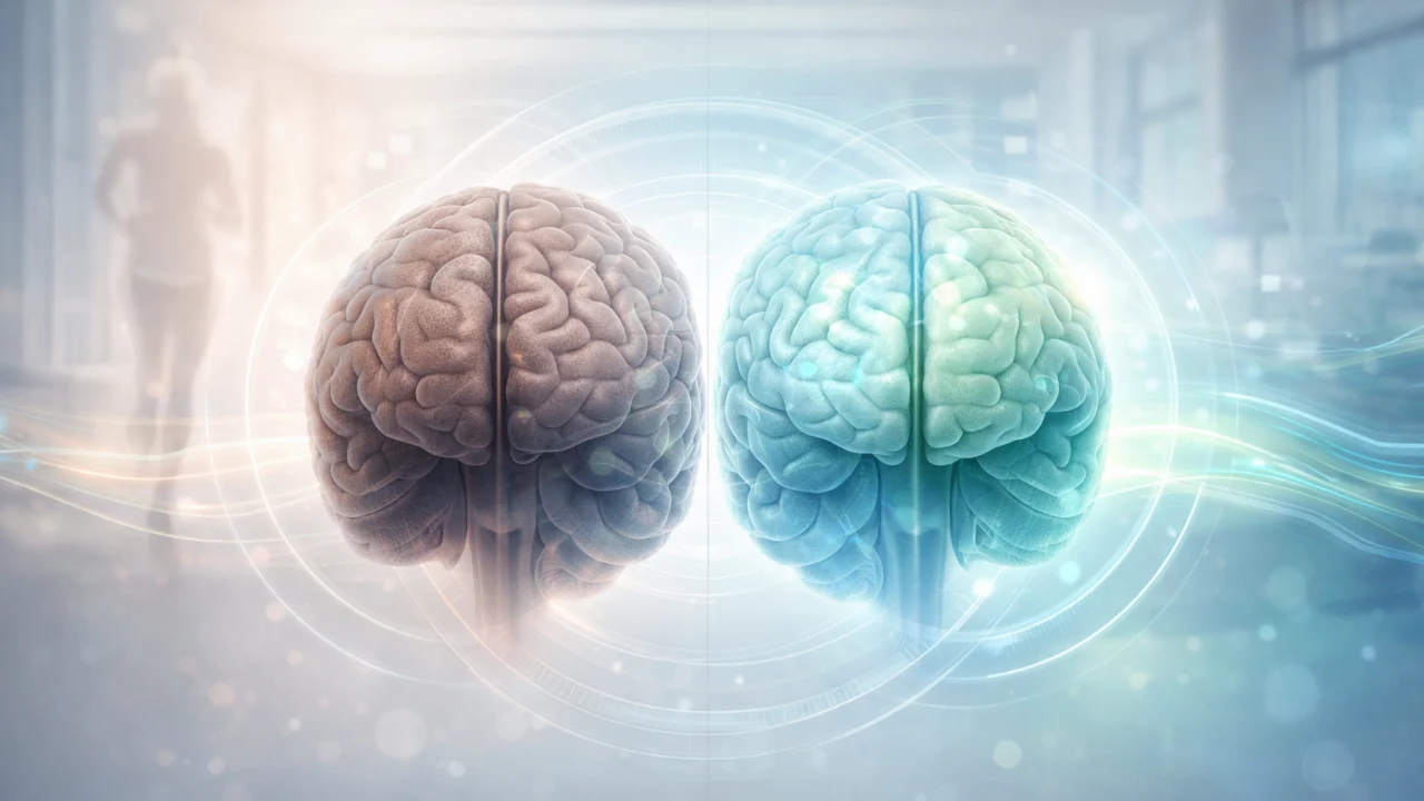 Digital illustration of a human brain shown younger and healthier on one side and more aged on the other, symbolizing how 150 minutes of weekly exercise may slow brain aging.