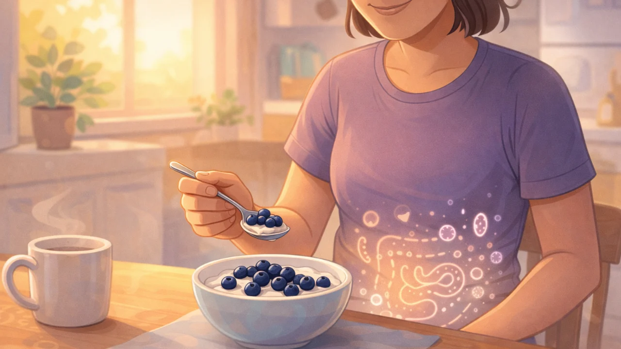 Illustration of a person eating yogurt topped with wild blueberries in a sunlit kitchen, suggesting everyday gut-healthy eating habits.
