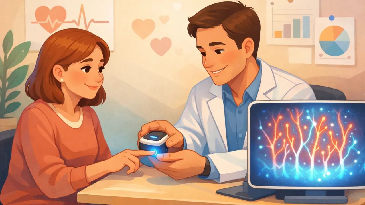 Cartoon-style illustration of a clinician scanning a patient’s fingertip with a small glowing device that displays microvascular patterns on a screen, representing early heart-disease detection through skin imaging.
