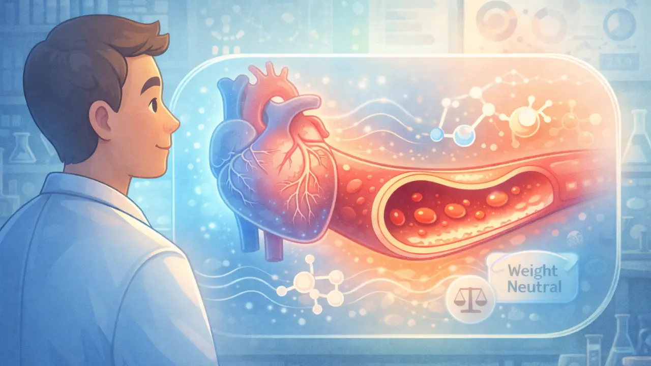 Cartoon illustration of a researcher in a lab observing a healthy heart and artery with reduced inflammation, representing weight-neutral heart protection from a diabetes drug.