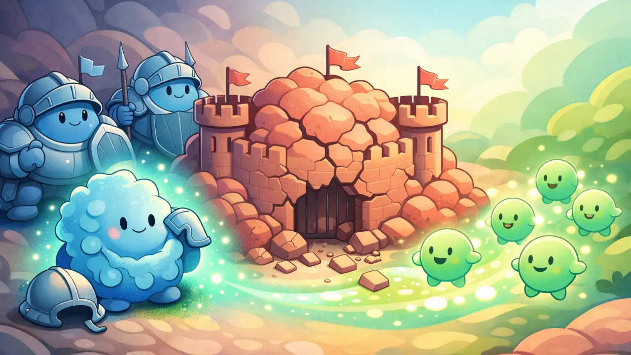 Cartoon digital illustration of a tumor surrounded by macrophage “guards,” with a glowing CAR-T cell reprogramming them to fight the tumor, shown in pastel scientific style.