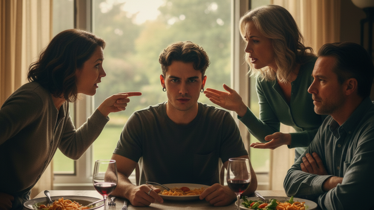 Family arguing with a young man about his piercings at dinner.