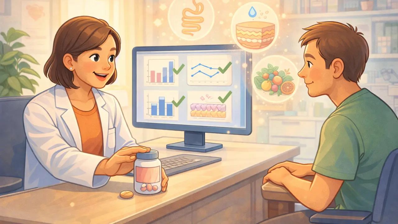 Cartoon illustration of a dermatologist in a bright clinic setting aside collagen supplement pills while reviewing scientific study results on a computer screen.