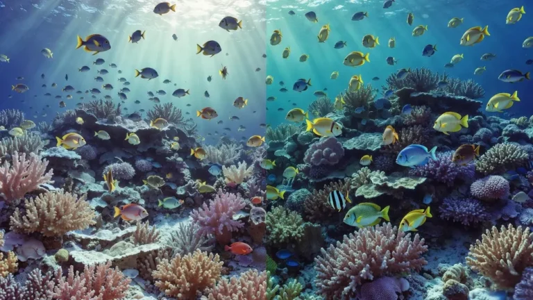 **Prompt for a hyper realistic 16:9 featured image:** Hyper realistic 16:9 image of a vibrant coral reef recovering with abundant fish swimming in clear tropical water. Show a sharp contrast between a degraded reef section and a restored healthy section filled with colorful corals and dense fish life. Sunlight beams through the surface, highlighting growth and biodiversity. Cinematic underwater photography, high detail, National Geographic style, ultra-sharp textures, natural colors, immersive depth.