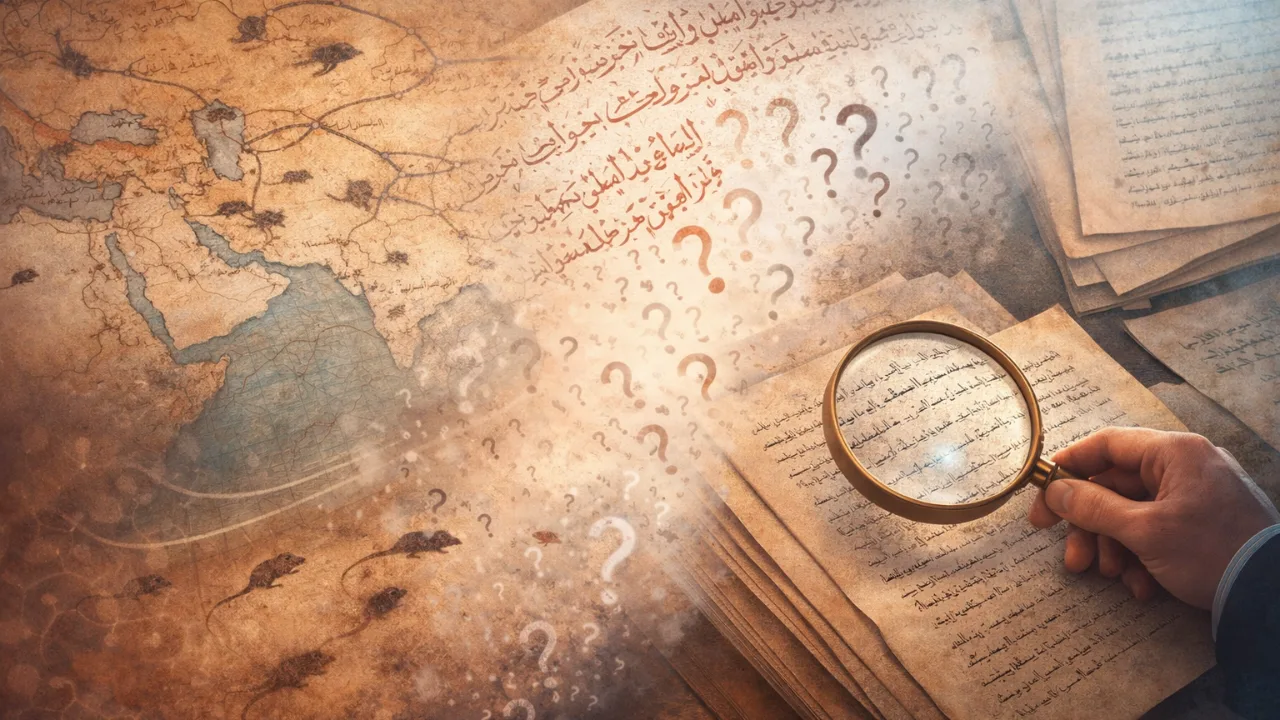 Digital illustration showing a medieval Silk Road map and poetic manuscript being analyzed to reveal misinformation about the Black Death.