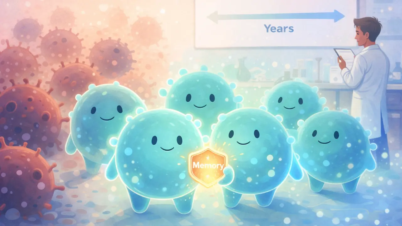 Cartoon illustration of memory CD4 T cells in a cancer research lab, calmly weakening tumor cells to represent durable vaccine-driven immunity.