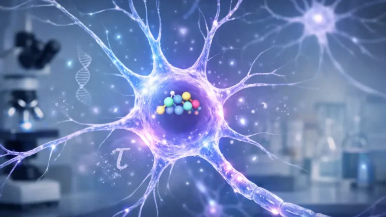 Digital illustration showing glowing human brain neurons in a laboratory, highlighting OTULIN protein activity and reduced tau buildup linked to Alzheimer’s research.