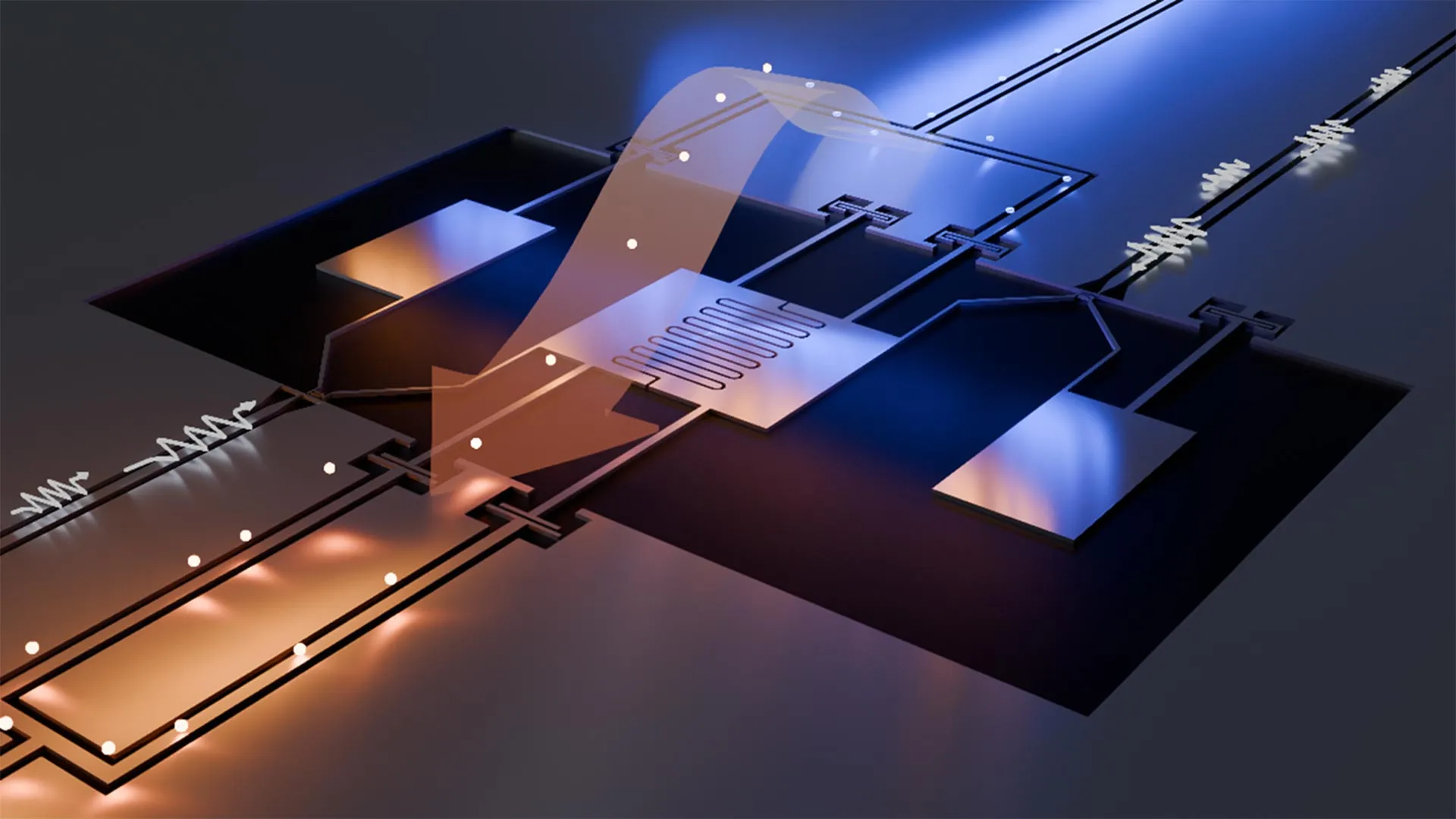 Illustration of a superconducting quantum circuit where red and blue microwave channels represent hot and cold heat reservoirs connected to two qubits, with controlled microwave noise injected to guide heat flow.