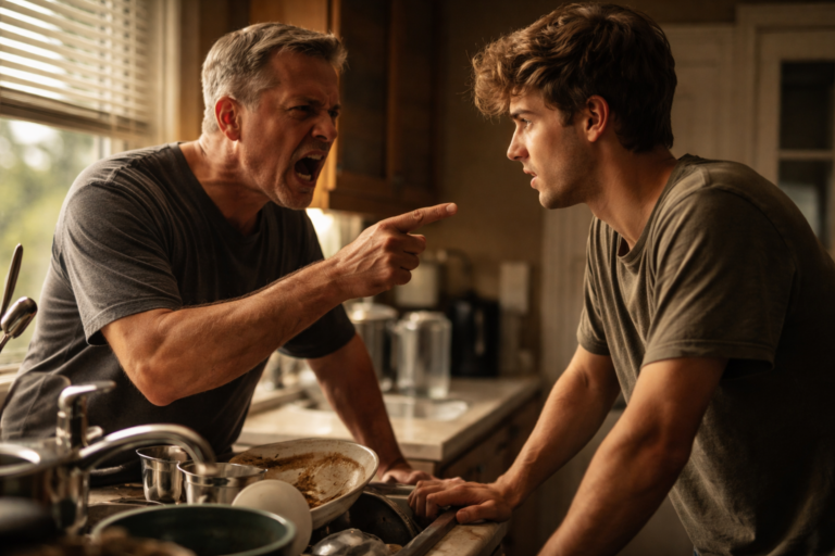 Father angrily pointing at his adult son during a tense argument in a kitchen with dirty dishes in the sink.