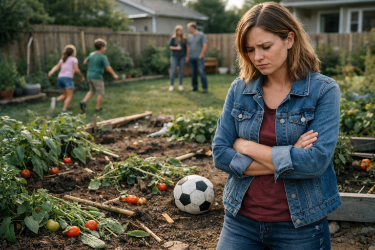 Distressed woman in a ruined garden