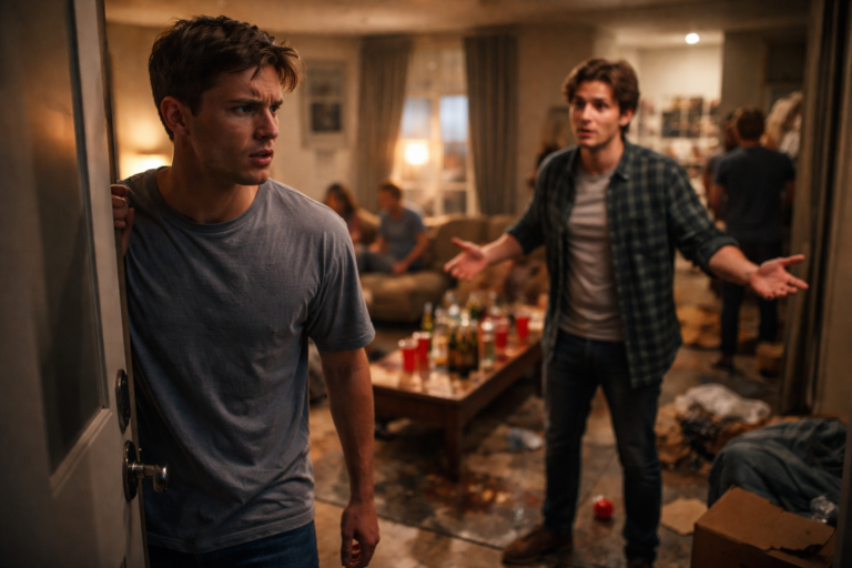 Angry man confronting his brother in a messy apartment after a loud house party.