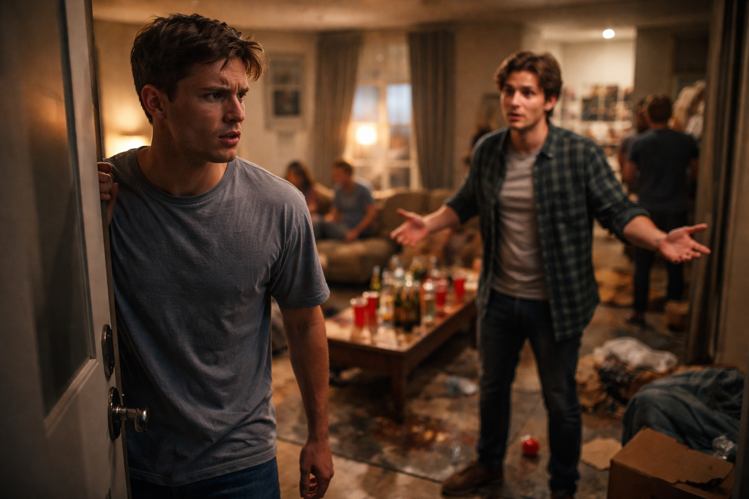 Angry man confronting his brother in a messy apartment after a loud house party.
