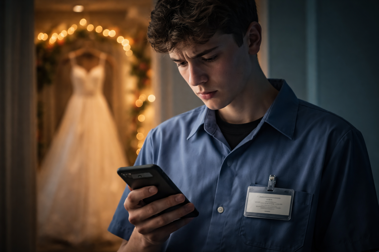 Teenager reading a message in dim room