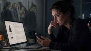 Woman staring at product reviews with painful bullying memories behind her.