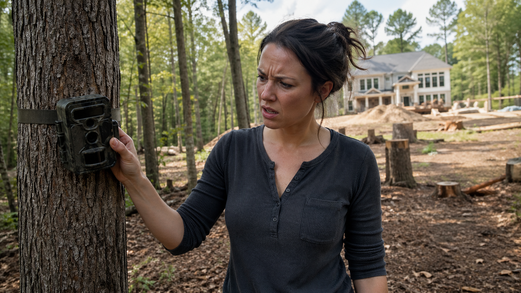 Woman finds a trail camera on a tree in her wooded backyard.