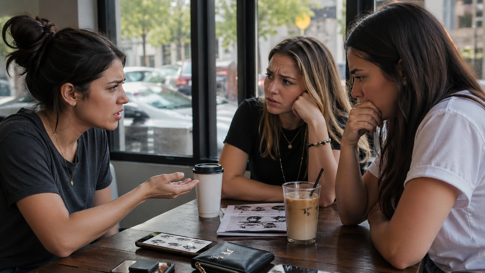 Women discussing tattoo costs in a café.