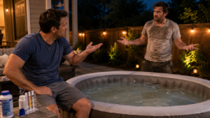 Two men arguing beside a cloudy inflatable hot tub at night.