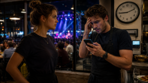 Tense moment in a bustling café