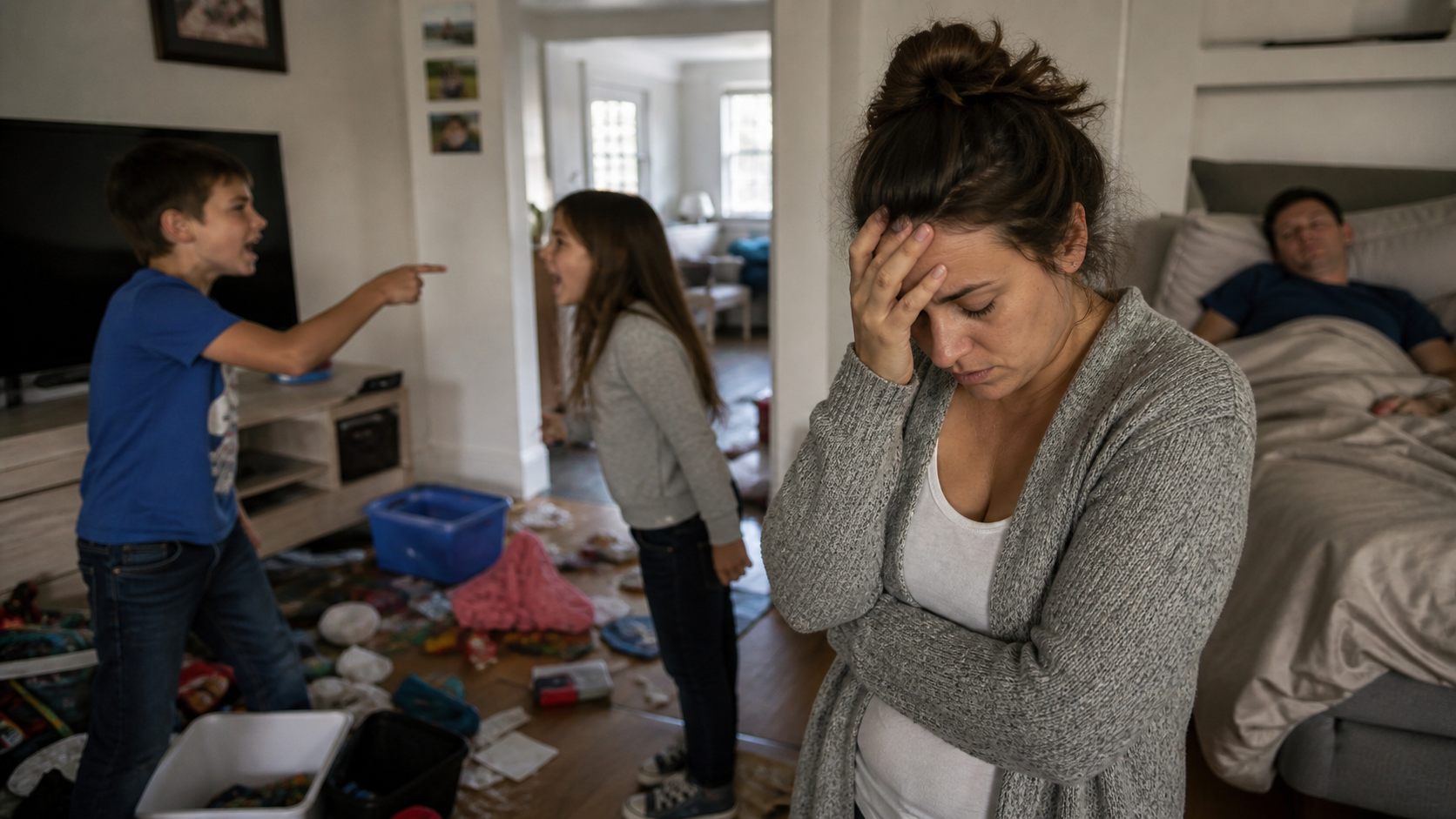 Stressed woman with arguing kids in a messy room.