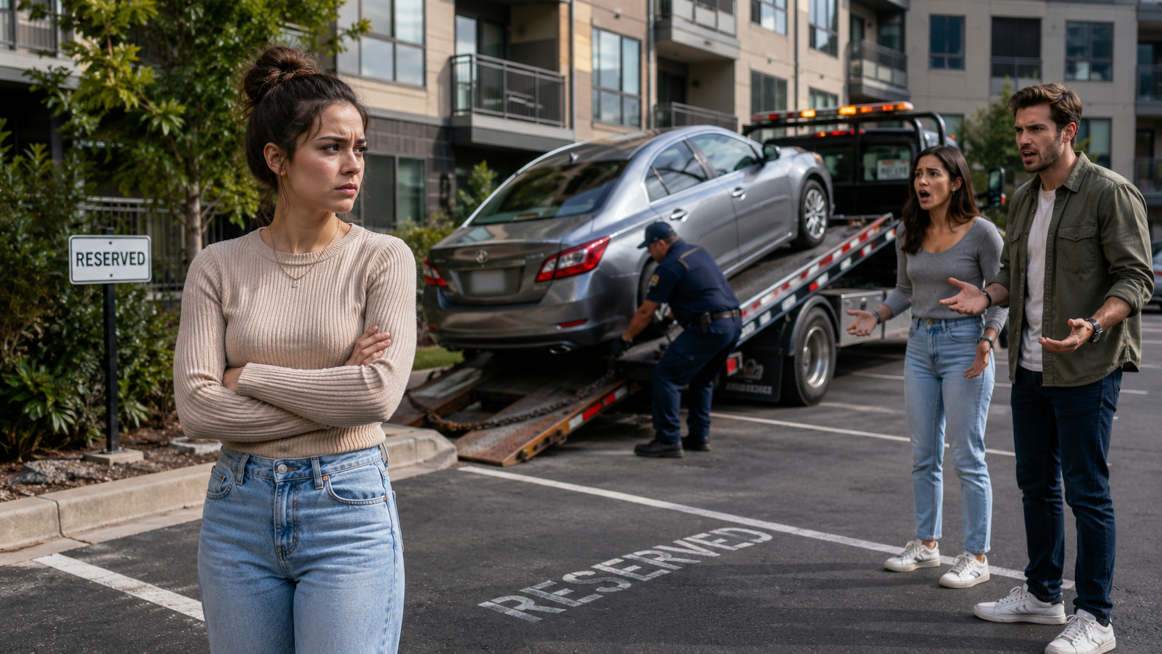 Car towed from reserved parking spot.