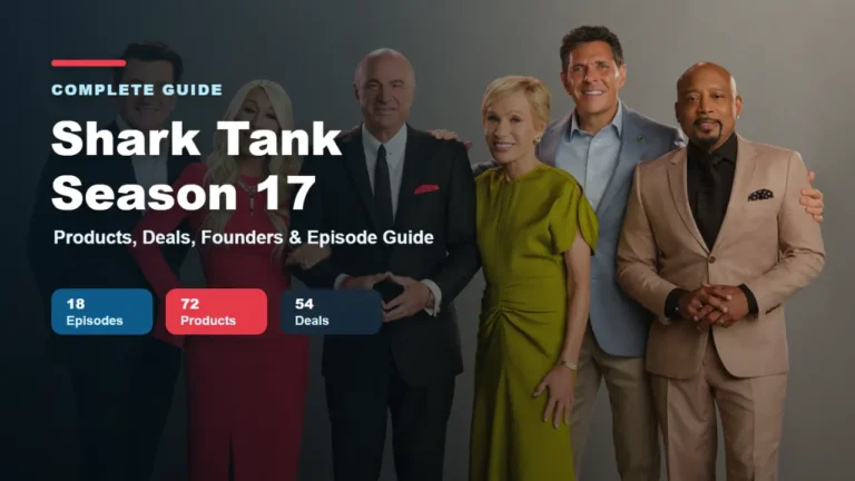 Shark Tank USA Season 17 Sharks featured image with text overlay for products, deals, founders and episode guide.